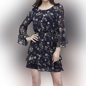 Navy Blue Floral Mini Dress with Bell Sleeves